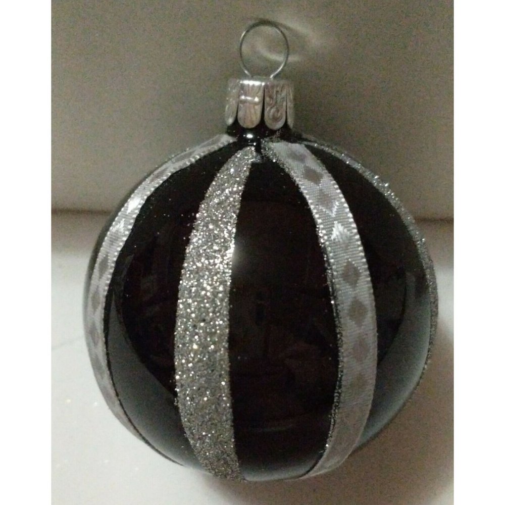 Czech Slovak Republic Glass Christmas Ornament Black Silver Geometric Ball 2.5"